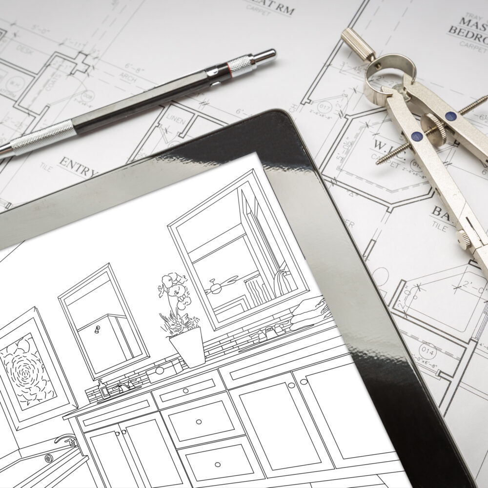 Computer Tablet with Master Bathroom Design Over House Plans, Pencil and Compass.