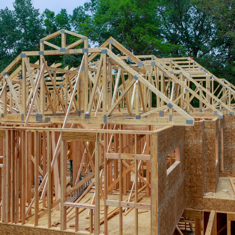 Wooden frame house attic under construction interior inside a frame wall material
